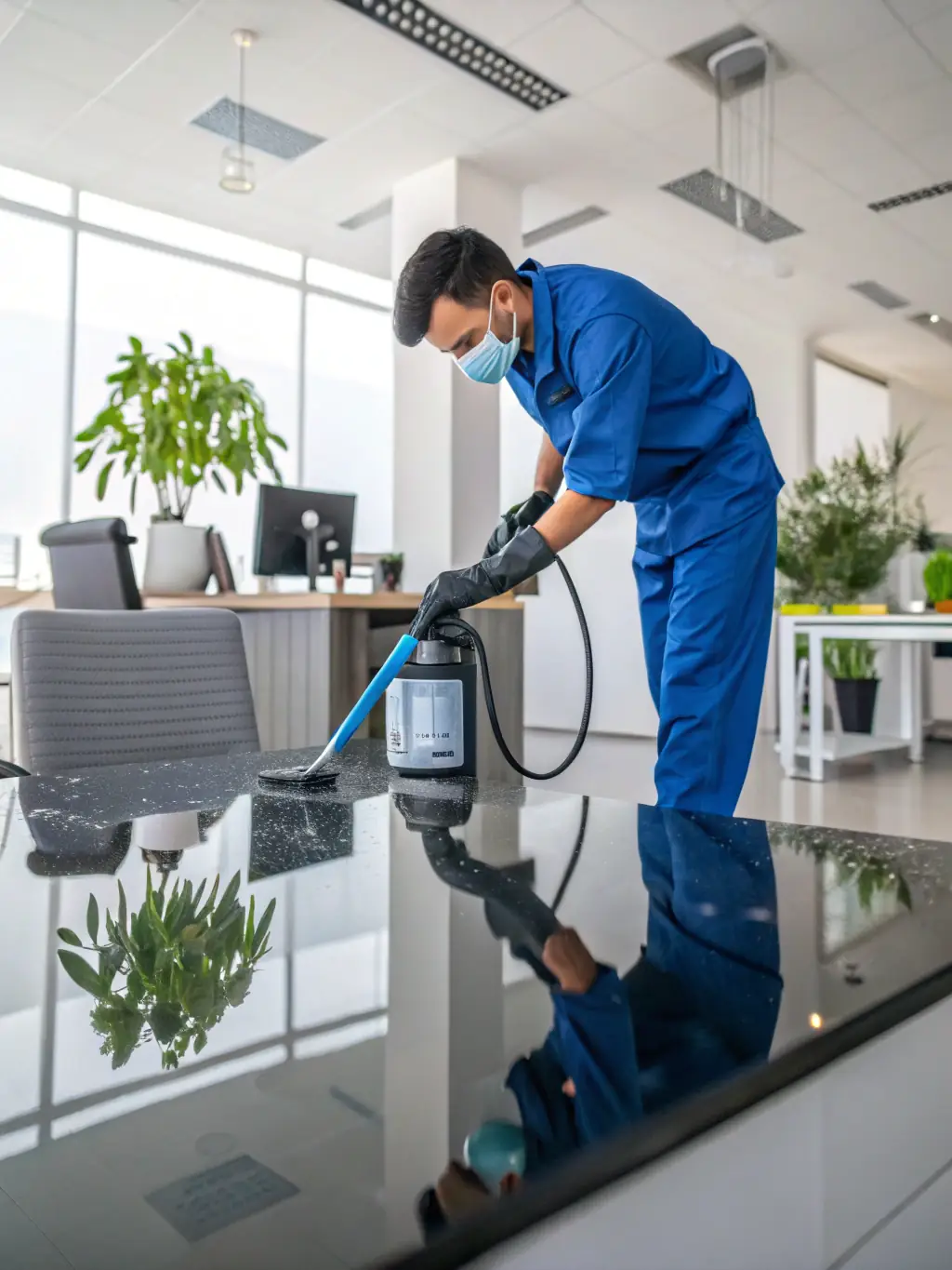 A picture of a commercial space being disinfected with advanced equipment, showcasing the thoroughness and effectiveness of the disinfection process.