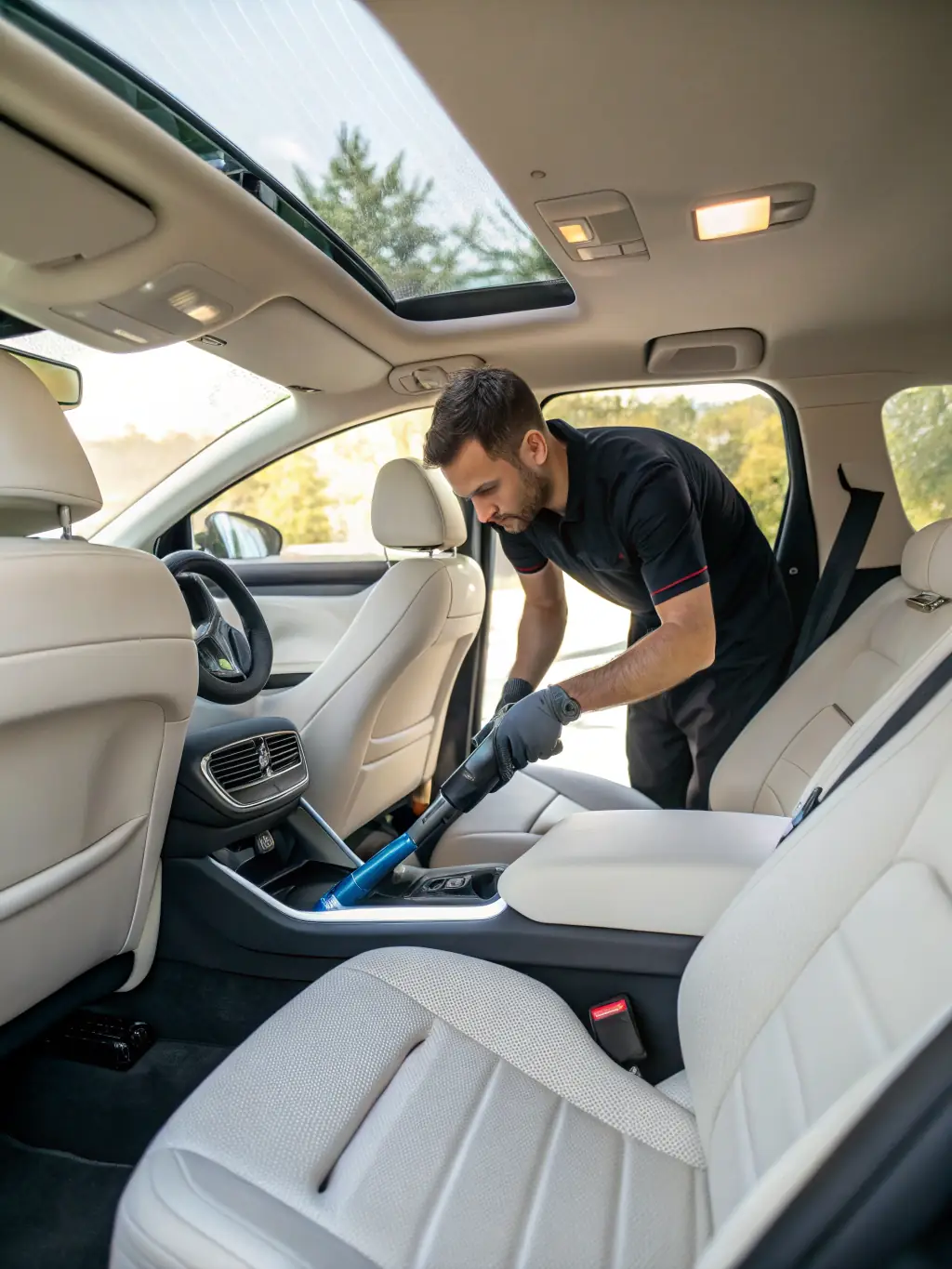 A photo of a vehicle interior being meticulously cleaned and sanitized, emphasizing the attention to detail in removing all traces of biohazards.