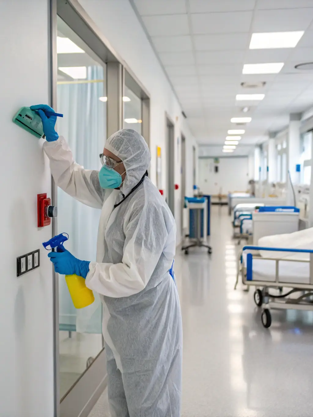 A photo depicting a technician in full protective gear carefully cleaning a biohazard scene in a residential setting, emphasizing safety and professionalism.